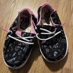 Hey Dude Kids Black Moccasins with Pink Accents